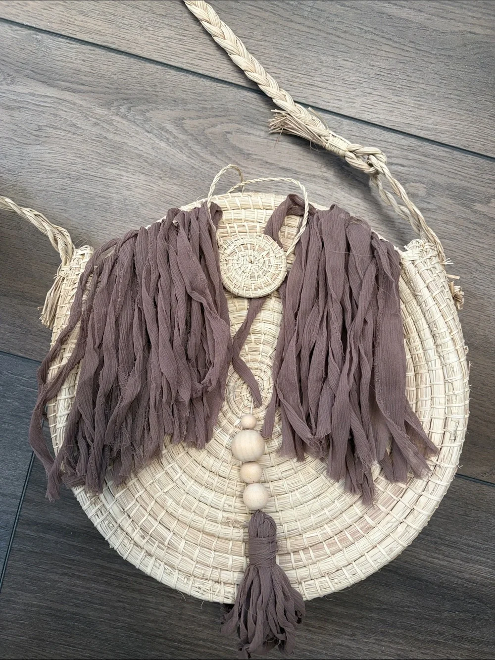 Woven Round Straw Crossbody Bag with Taupe Fringe